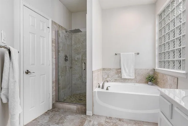 a garden view with a seating space