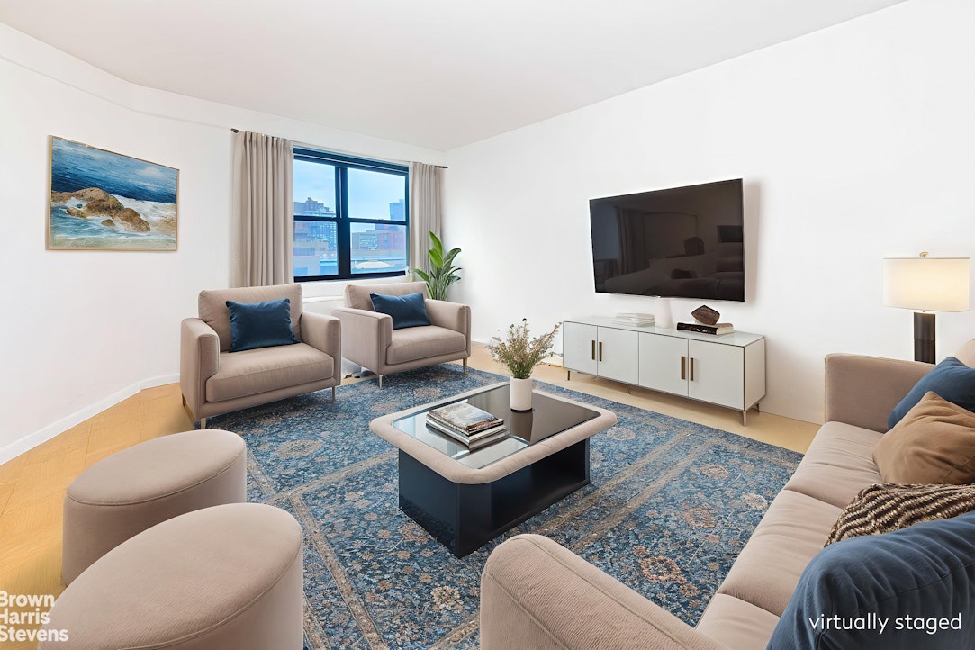 200 East 27th Street, Unit 11L Manhattan, NY 10016 - Photo 1 of 24 a living room with furniture a rug a window and a flat screen tv