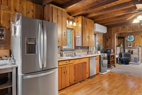 a view of a dining room with furniture