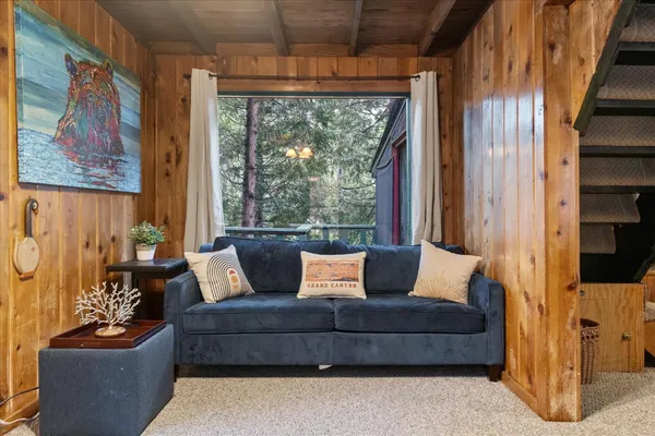 a view of a hallway with a furniture