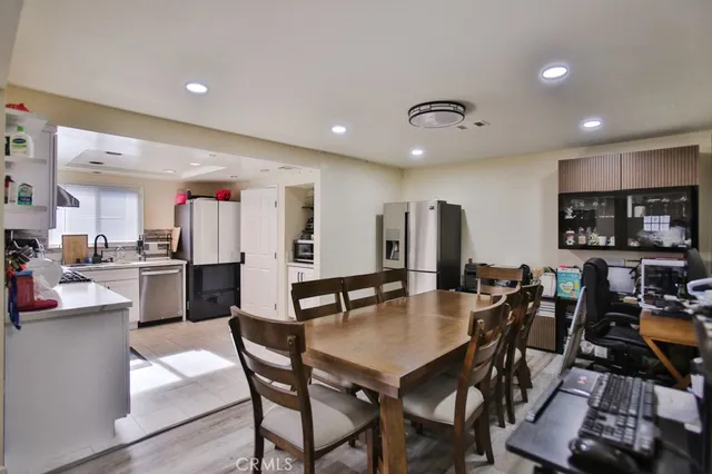 a view of a dining room with furniture