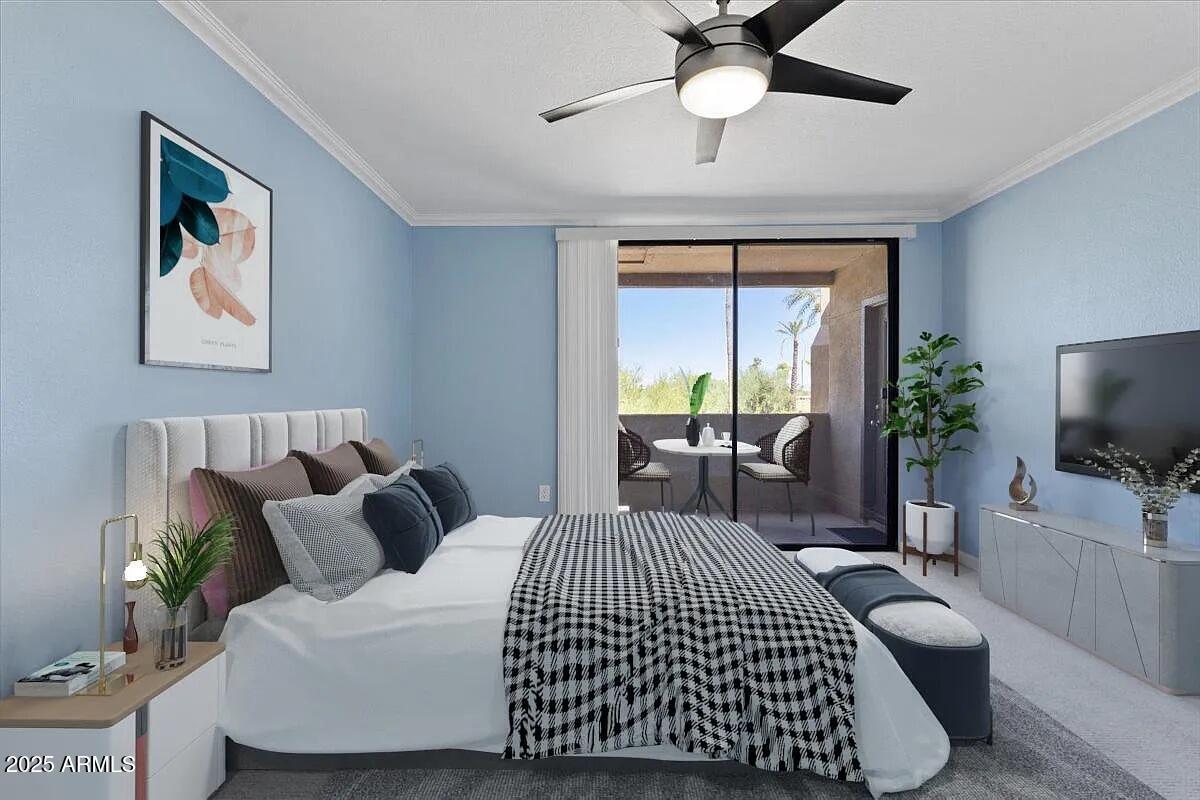 7575 East Indian Bend Road, Unit 2002 Scottsdale, AZ 85250 - Photo 4 of 24 a bedroom with furniture and a flat screen tv