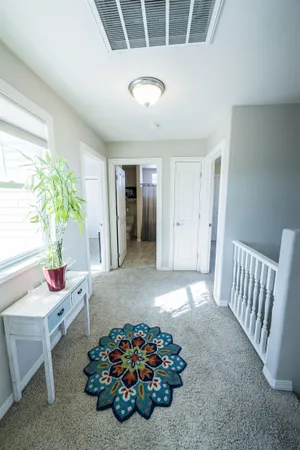 a living room with furniture and a potted plant
