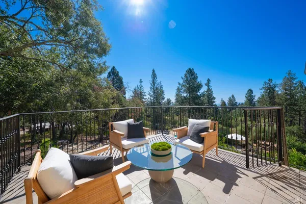 a view of a roof deck with couches and potted plants