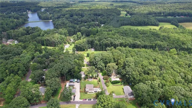 an aerial view of a houses with a lush green forest