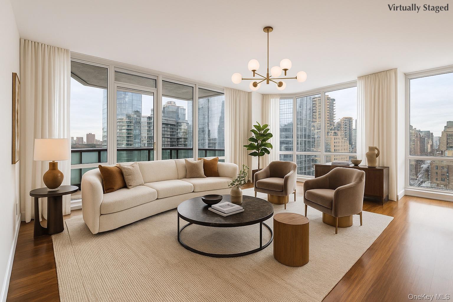 10 West End Avenue, Unit 20B Manhattan, NY 10023 - Photo 2 of 41 Living area with a view of skyline, dark wood-style flooring, a chandelier, plenty of natural light, and floor to ceiling windows
