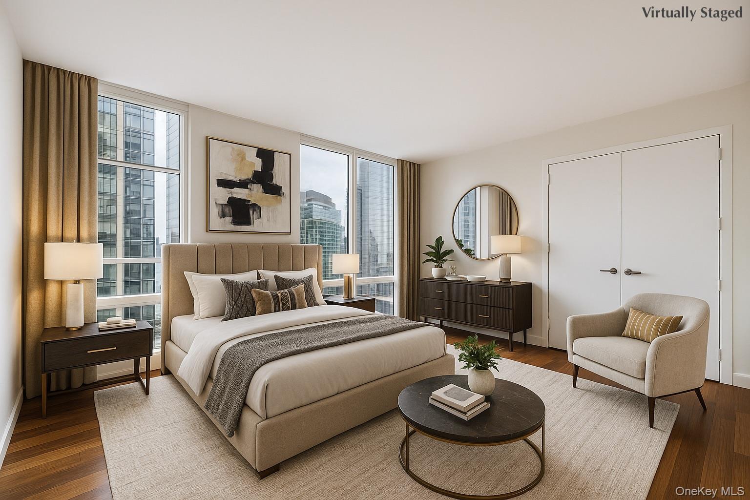 10 West End Avenue, Unit 20B Manhattan, NY 10023 - Photo 6 of 41 Bedroom featuring wood finished floors, multiple windows, expansive windows, and a closet