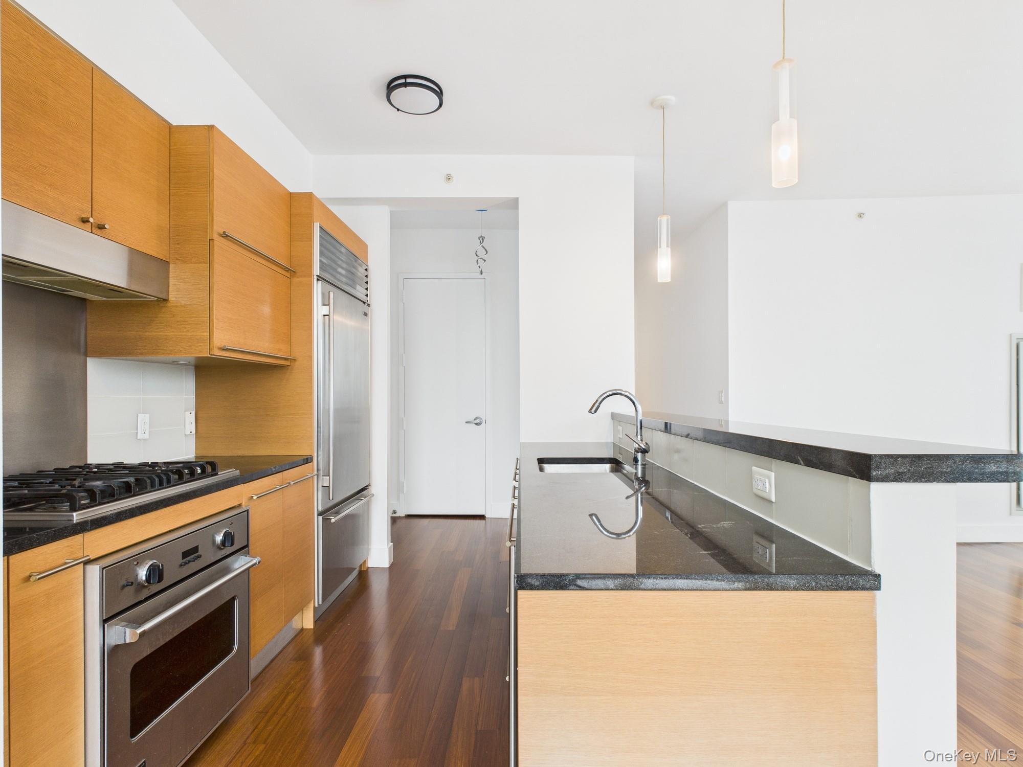 10 West End Avenue, Unit 20B Manhattan, NY 10023 - Photo 9 of 41 Kitchen with pendant lighting, stainless steel appliances, under cabinet range hood, dark wood-style flooring, and dark stone countertops