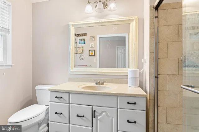 a bathroom with a toilet sink vanity and mirror