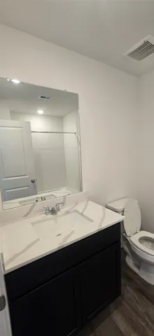 a bathroom with a toilet a sink and mirror
