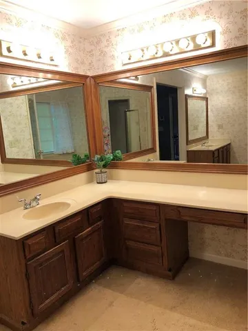 a bathroom with a sink and a mirror
