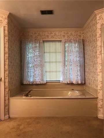 a bathroom with a bathtub and window
