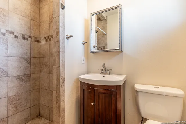 a bathroom with a toilet a sink and mirror