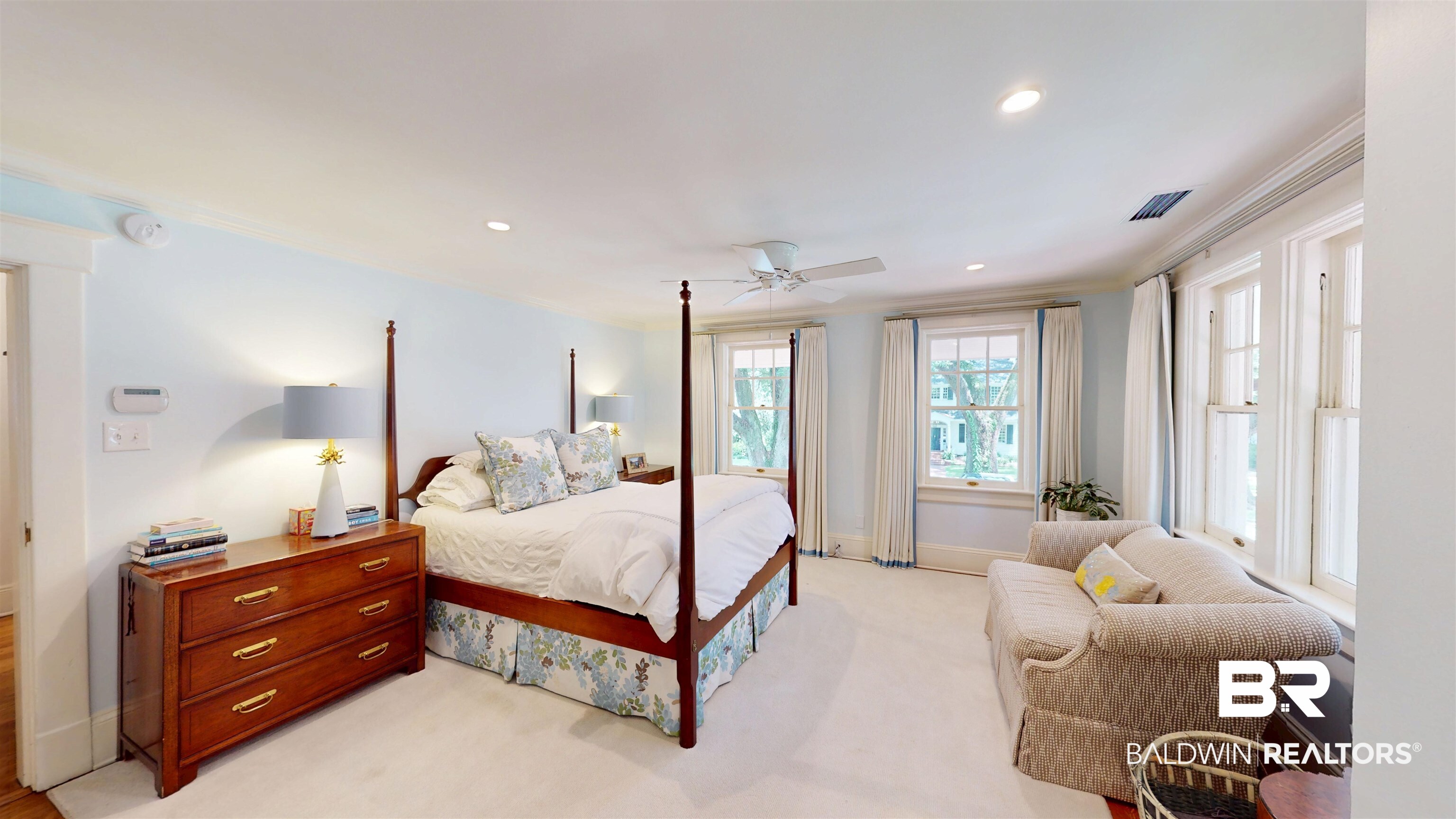 211 Lanier Avenue Mobile, AL 36607 - Photo 36 of 73 Bedroom featuring recessed lighting, crown molding, light carpet, and ceiling fan