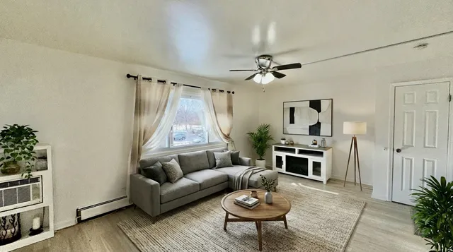 a living room with furniture a fireplace and a potted plant