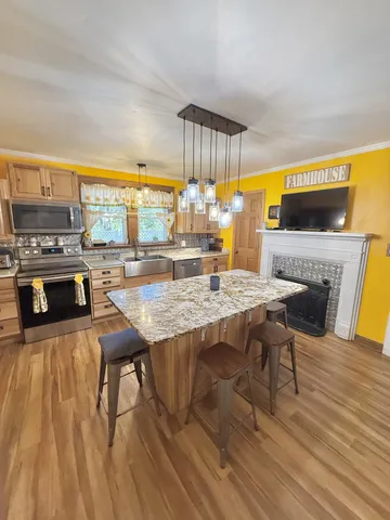 a view of a dining room with furniture a fireplace and wooden floor