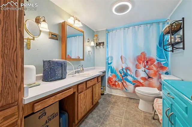 a bathroom with a sink a toilet and shower curtain