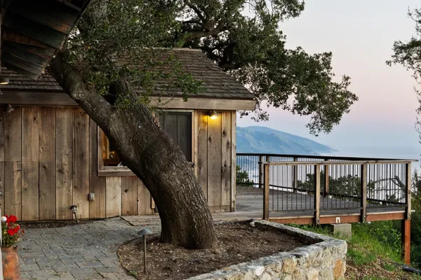 a front view of a house with a tree