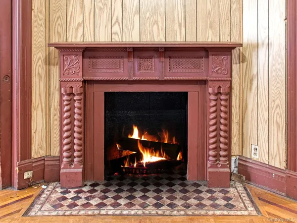 a living room with a fireplace