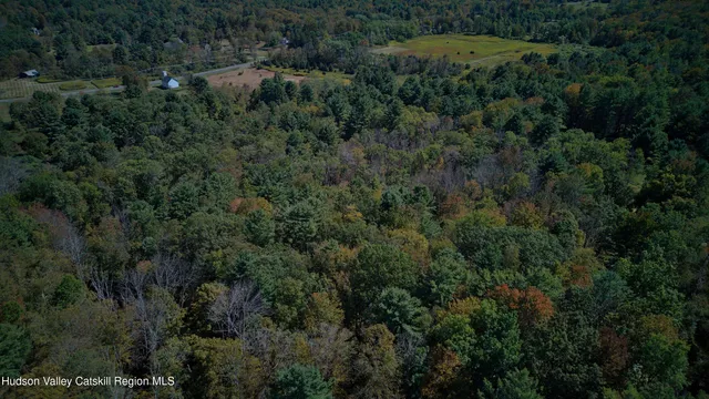 an aerial view of residential houses with outdoor space and trees