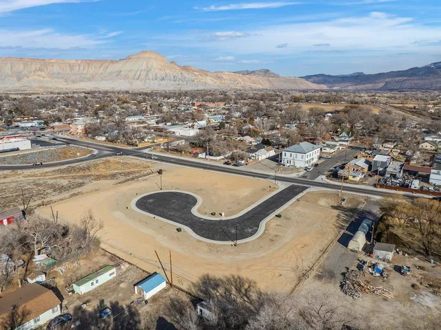 an aerial view of a residential houses with city view