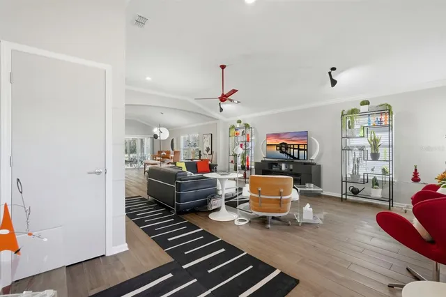 a living room with furniture a rug potted plant and a large window