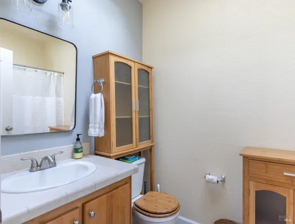 a bathroom with a sink a toilet and a mirror