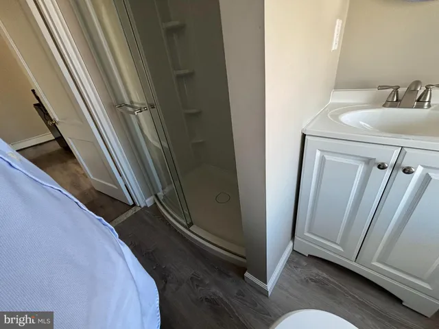 a bathroom with a sink a mirror and a shower