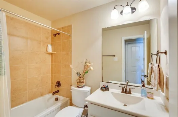 a bathroom with a sink mirror toilet and bathtub