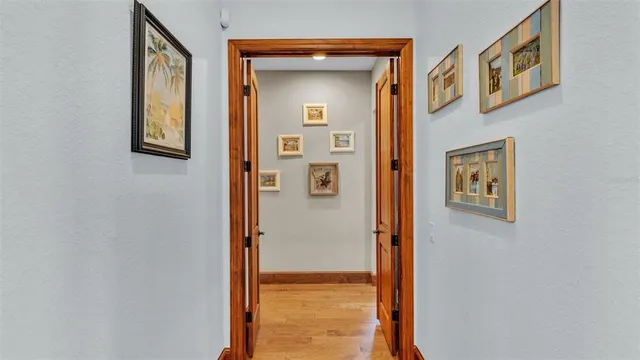 a view of a hallway view with wooden floor and furniture