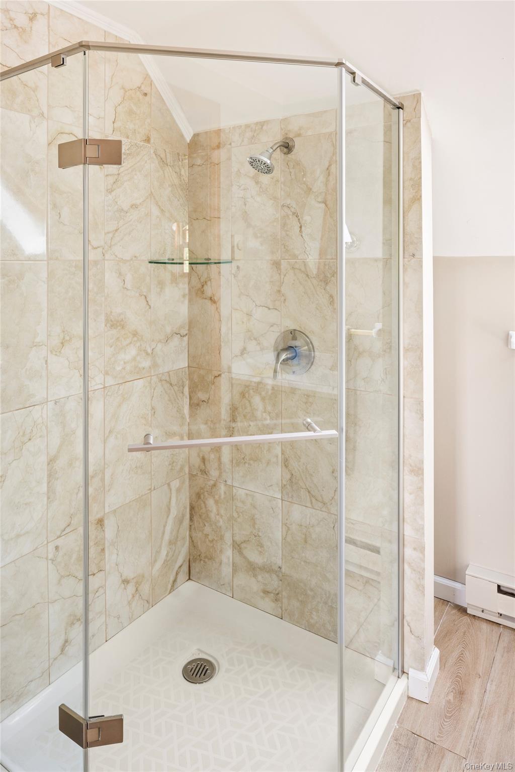 48 County Rte 14 Hudson, NY 12534 - Photo 43 of 48 Bathroom with a shower stall, wood finished floors, crown molding, lofted ceiling, and a baseboard radiator