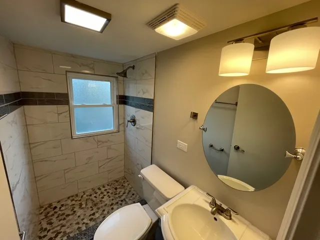 a bathroom with a sink mirror vanity and toilet