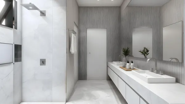a bathroom with a double vanity sink and mirror