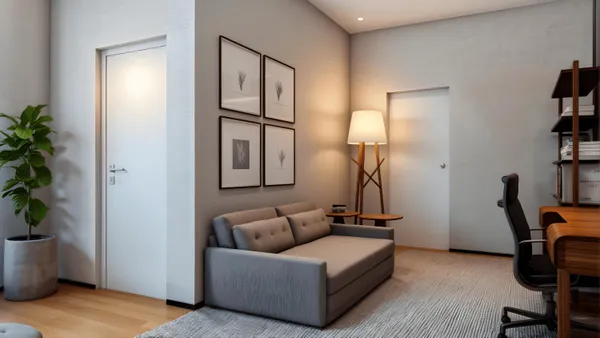 a living room with furniture a lamp and a potted plant