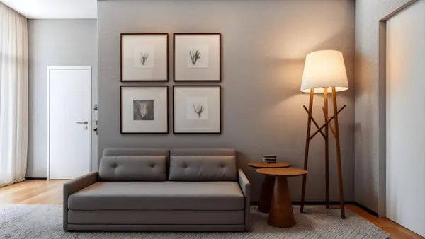 a living room with furniture a lamp and a chandelier