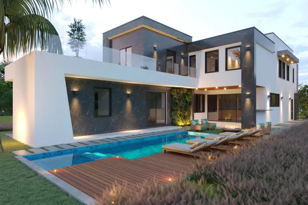 a view of a house with backyard and porch