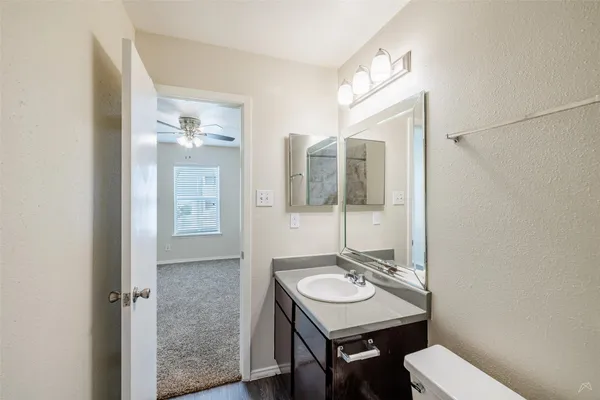 a bathroom with a sink toilet and mirror