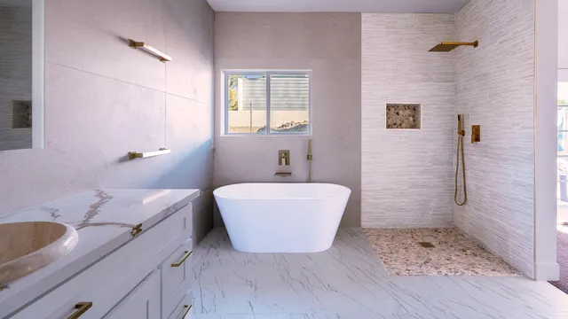a bathroom with a bathtub and sink