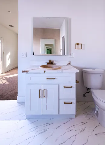 a bathroom with a sink a toilet a mirror and vanity