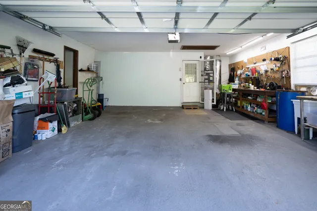 a view of a garage with storage