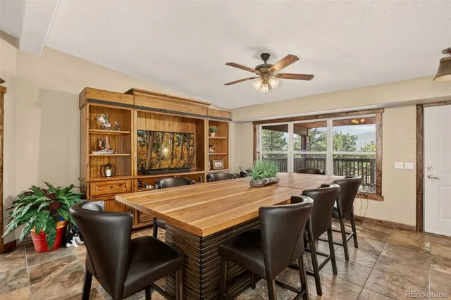 a view of a dining room with furniture window and outside view