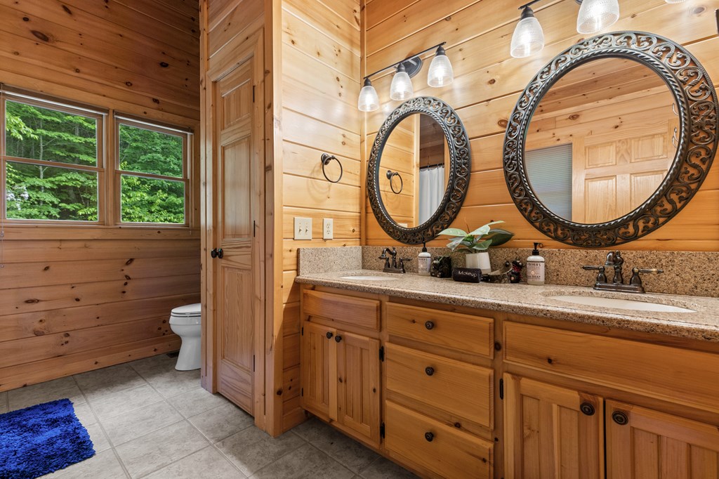 220 Solar Drive Blue Ridge, GA 30513 - Photo 36 of 59 a bathroom with a granite countertop toilet a sink and a mirror