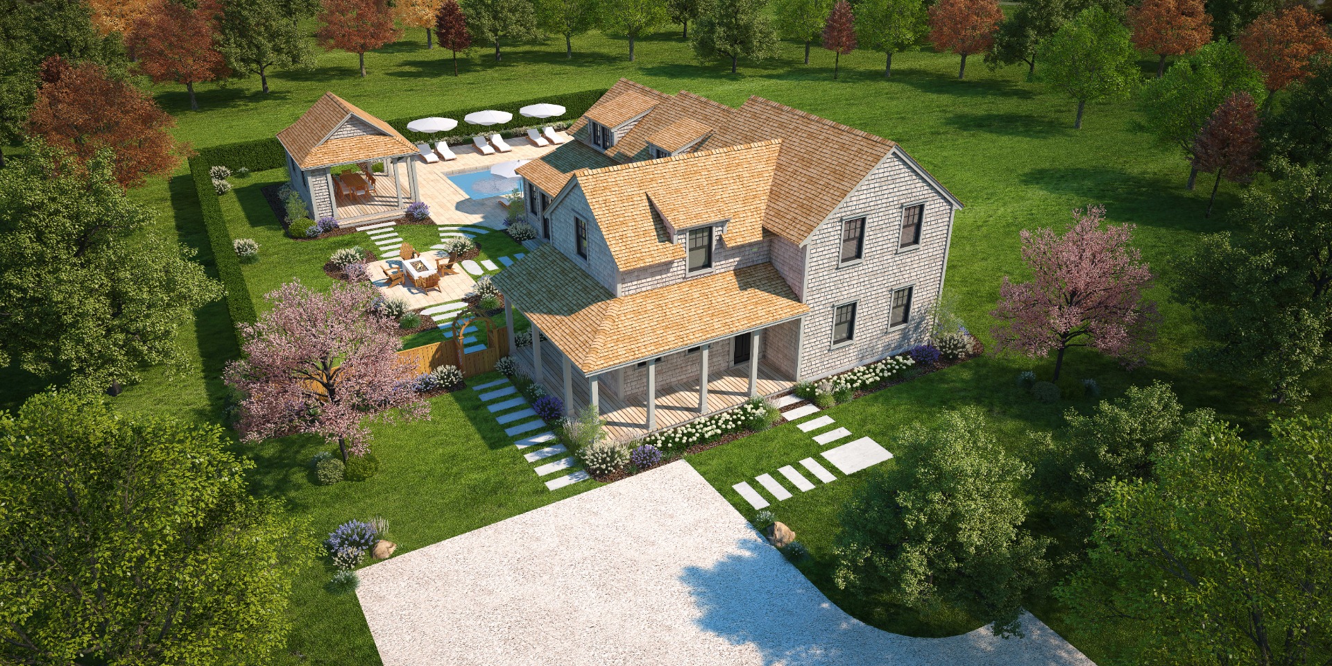 an aerial view of a house with garden space and street view