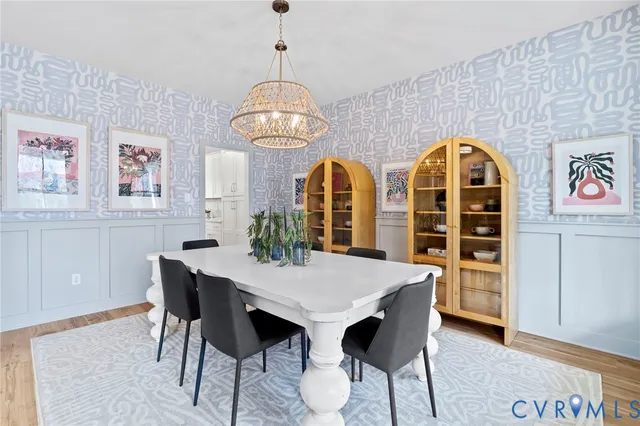 a view of a dining room with furniture