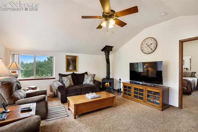 35 Cree Path Lake George, CO 80827 - Photo 4 of 46 Carpeted living room with lofted ceiling, ceiling fan, and a wood stove