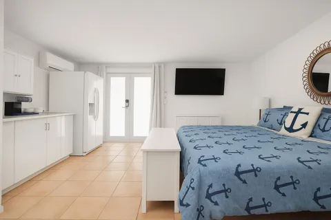 a bedroom with a bed and a television