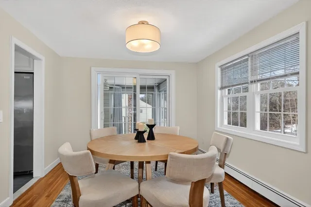 a view of a dining room with furniture and wooden floor