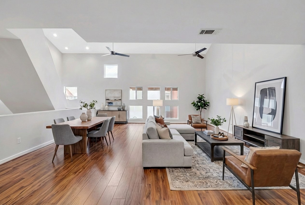 a living room with furniture and wooden floor