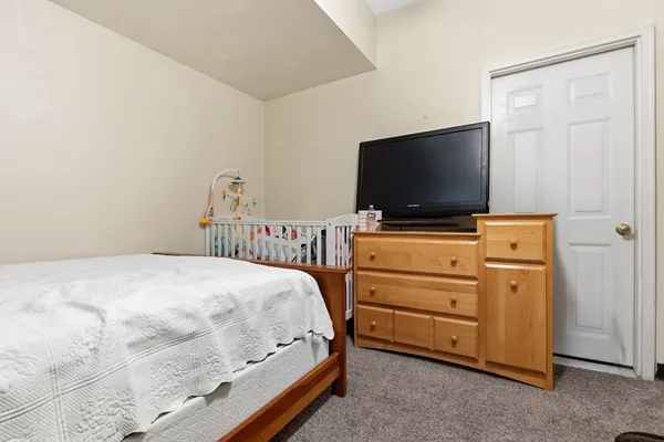 a bedroom with a bed and a flat screen tv