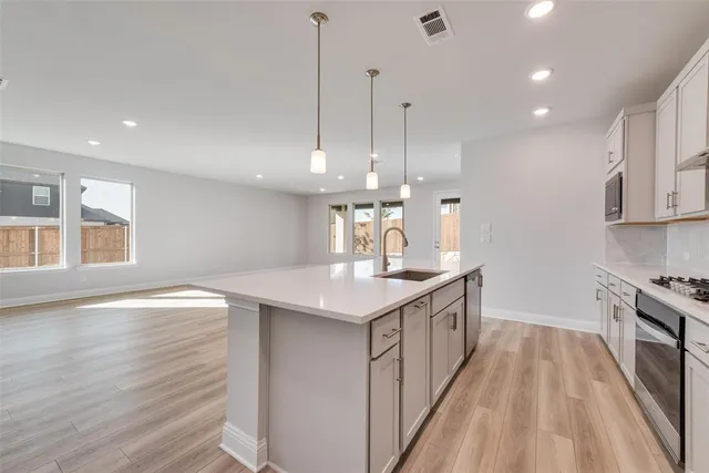 a kitchen with stainless steel appliances granite countertop a sink a stove top oven a counter space and cabinets